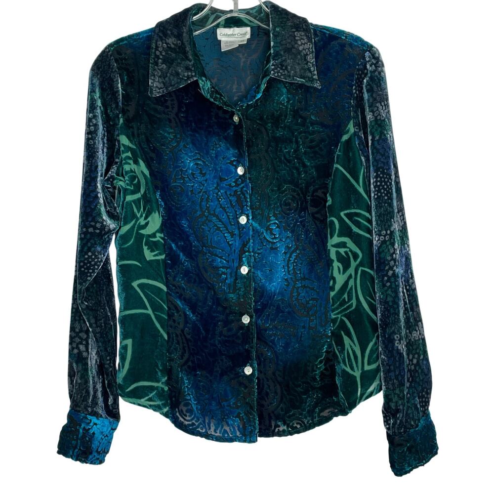 Coldwater Creek green blue burnout velvet and sheer 90's blouse women's size XS